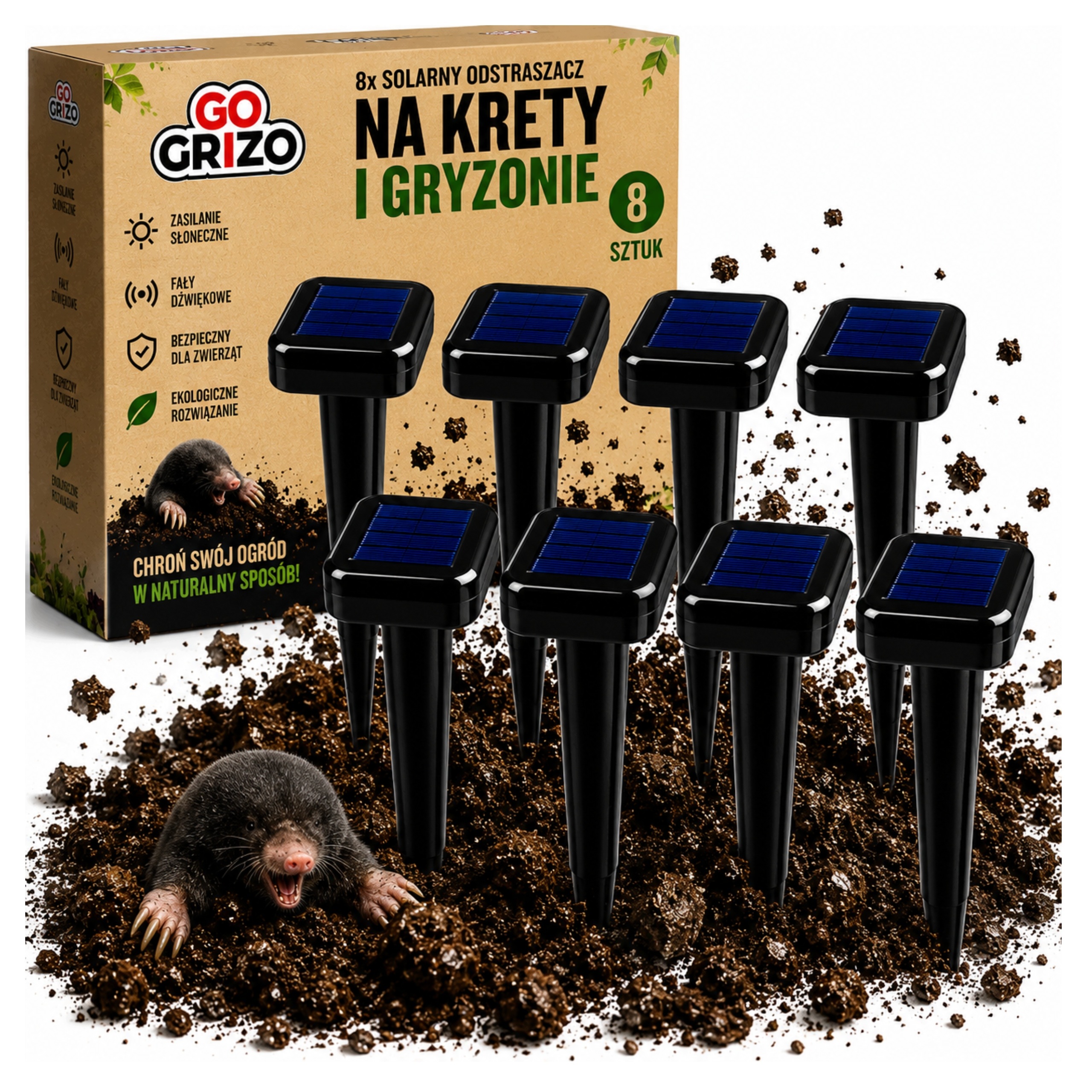 8× solárny odpudzovač krtkov GoGRIZO – sada do 8 000 m²